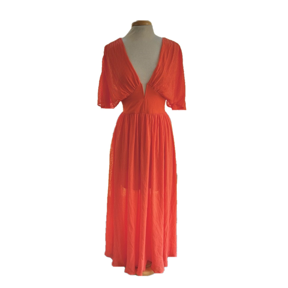 Flying Tomato Flutter Coral Orange Size Medium Maxi Dress Chiffon Plunge Neck